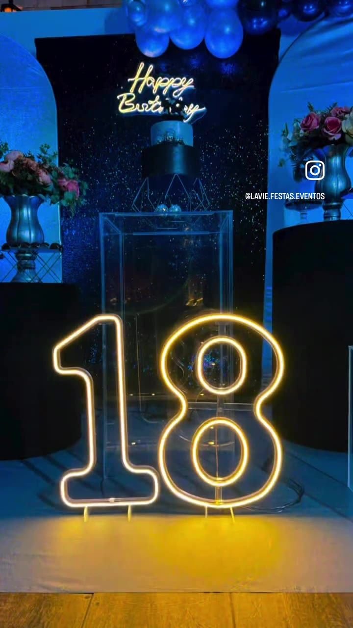 Número 18 em neon dourado e painel Happy Birthday